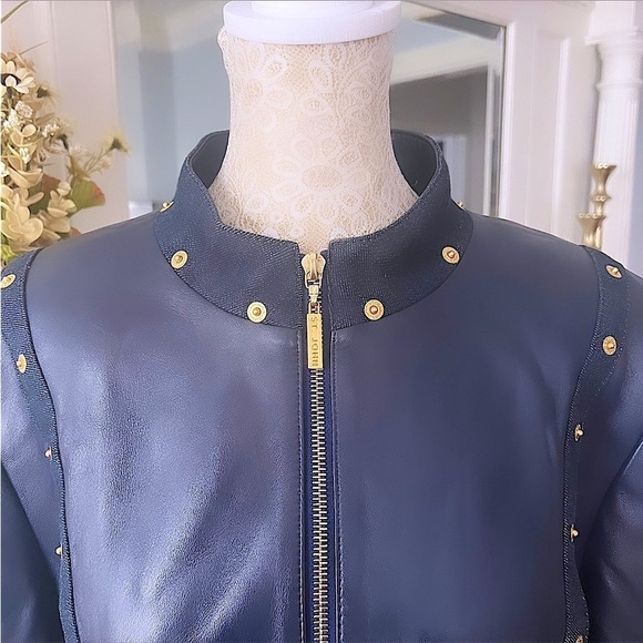 ST JOHN SPORT Navy Blue Lambs Leather & Denim Trim Zip Up Leather Jacket Size L - Picture 5 of 14